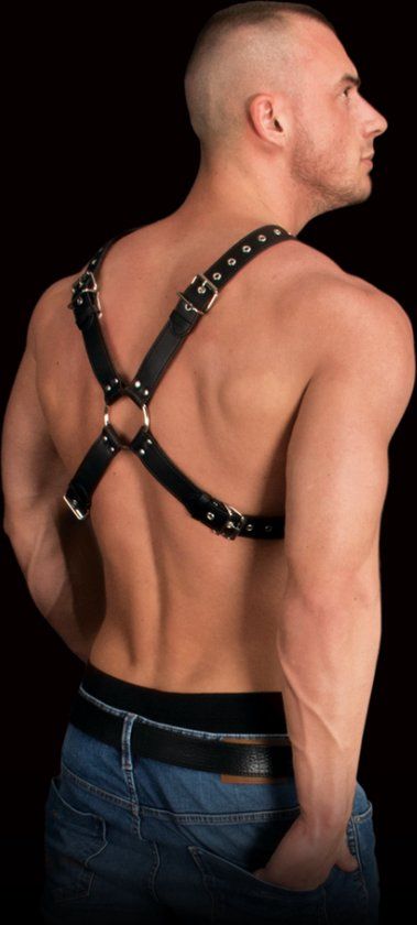 Ouch! Adonis Leren Halter Harnas voor Torso in Kruis Vorm Mannelijke Uitstraling - Zwart - One size