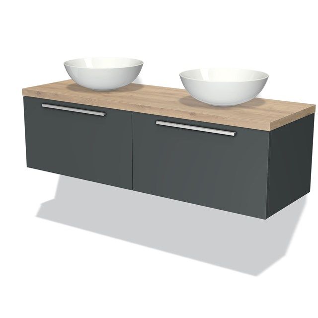 Maxaro Badkamermeubel Modulo Plato 140cm Donkergrijs 2 Lades Lichtbruin Eiken Blad