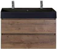 BES LED Maxx XL Badmeubelset 100 cm - Tabacco - Wastafel Kube Zwart 2 Kraangaten