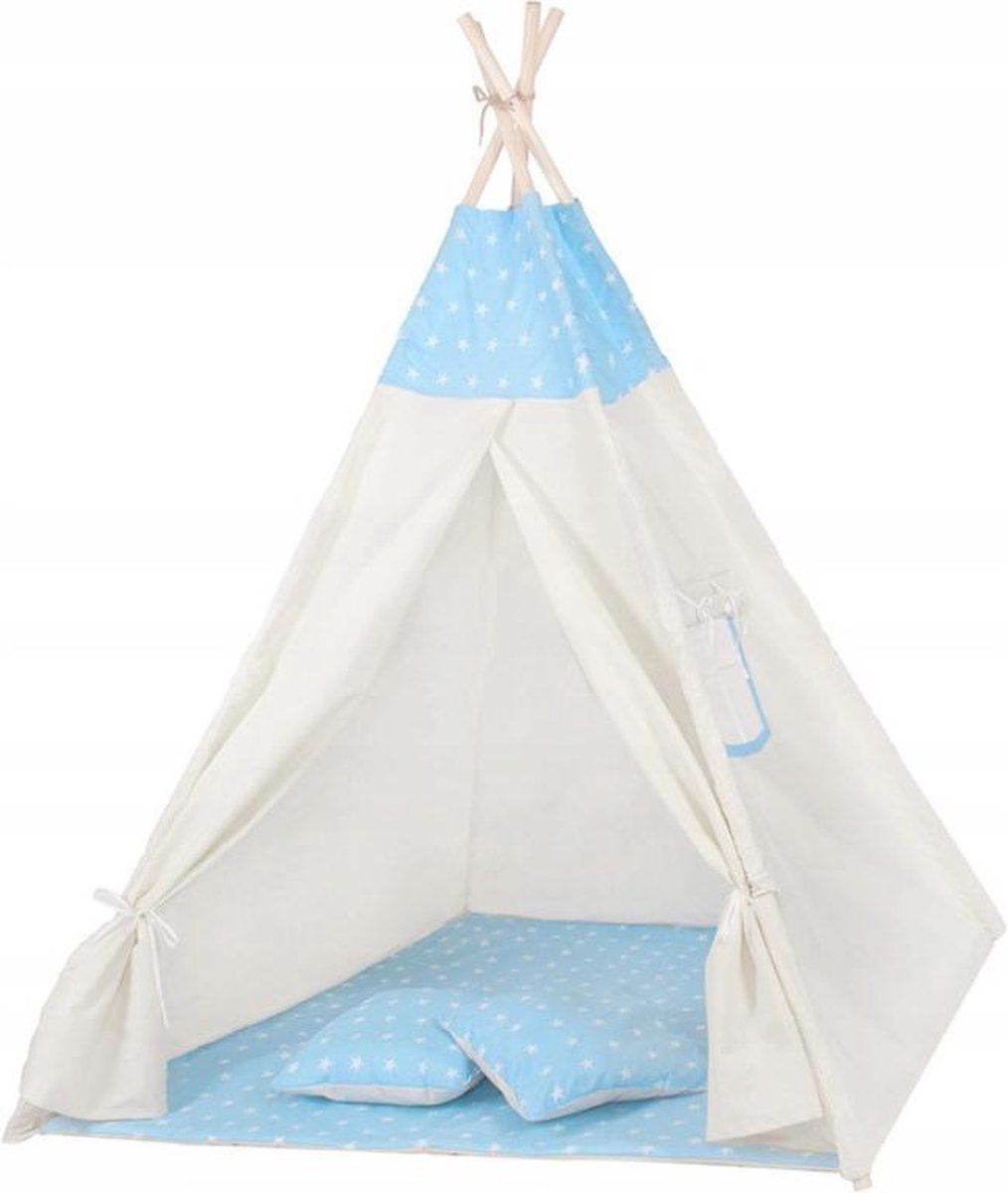 springos Tipi Tent | Wigwam Speeltent | 120x100x180 cm | Met Mat en Kussens | Naturel Blauw | Sterren