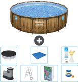 Bestway Rond Power Steel Swim Vista Zwembad - Houtprint - 488 x 122 - Inclusief Pomp - Ladder - Afdekzeil - Grondzeil - Speelgoed - 8-delig