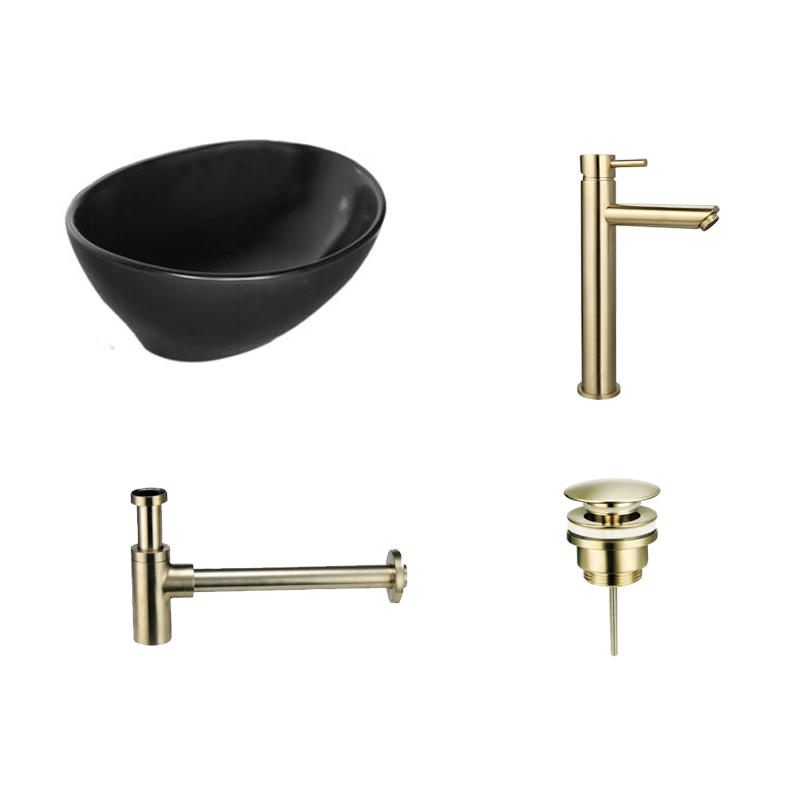 Badkamerplanet Waskomset Vienna Mat Zwart Goud Opbouwkraan 40,5x33x14 cm