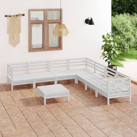The Living Store Tuinset Grenenhout - Wit - 7-persoons - Hoek/Middenbank + Voetenbank/Tafel