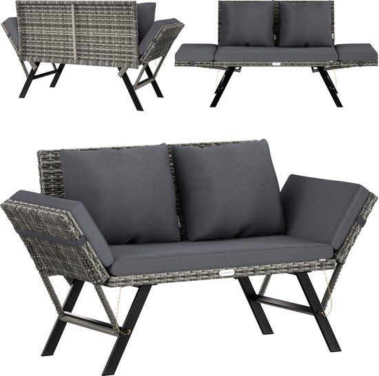 Casaria Polyrattan Tuinbank - Verstelbaar Incl. Kussens - Zwart
