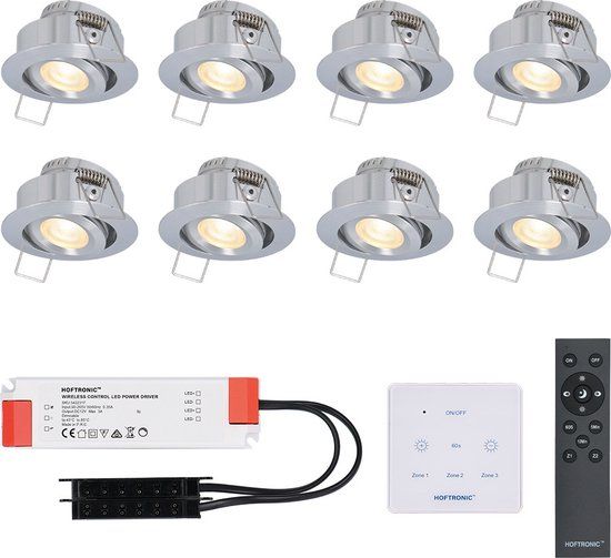 HOFTRONIC Granada - LED Inbouwspot Set - 8x3W - Dimbaar & Kantelbaar - IP44 - Grijs