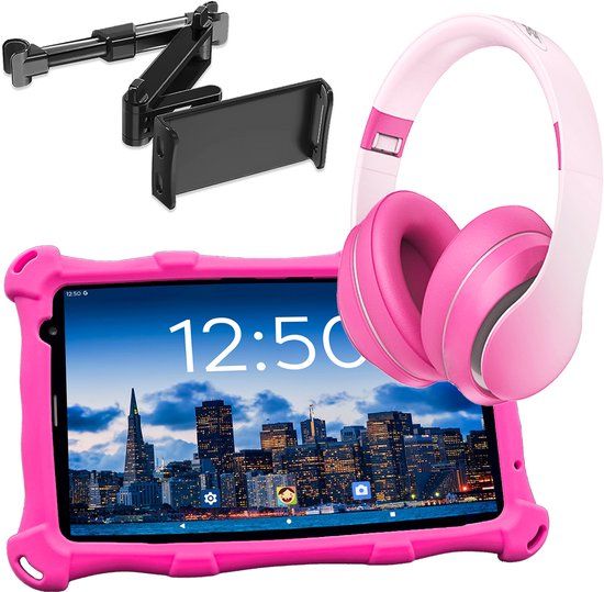 AngelTech Luxe OnderwegPakket PRO MAX – Kindertablet PRO MAX Roze + Kinderkoptelefoon + Tablethouder