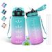 Drinkfles voor kinderen, 500 ml, motiverende drinkfles, waterfles met tijdschaal, gemakkelijk te reinigen, voor school, reizen, camping, groen-roze