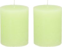 Merkloos Stompkaars/cilinderkaars - 2x - lime groen - 7 x 9 cm - middel rustiek model