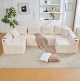OKWISH U-Bank 320 x 155 cm - Modulsofa Met Bekerhouders en Zijvakken - Voor Woonkamer en Lounge - Cord - Beige