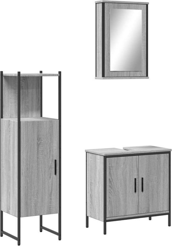 VidaXL 3-delige Badkamermeubelset Grijs Eikenhout Staal 330x330x1205 mm