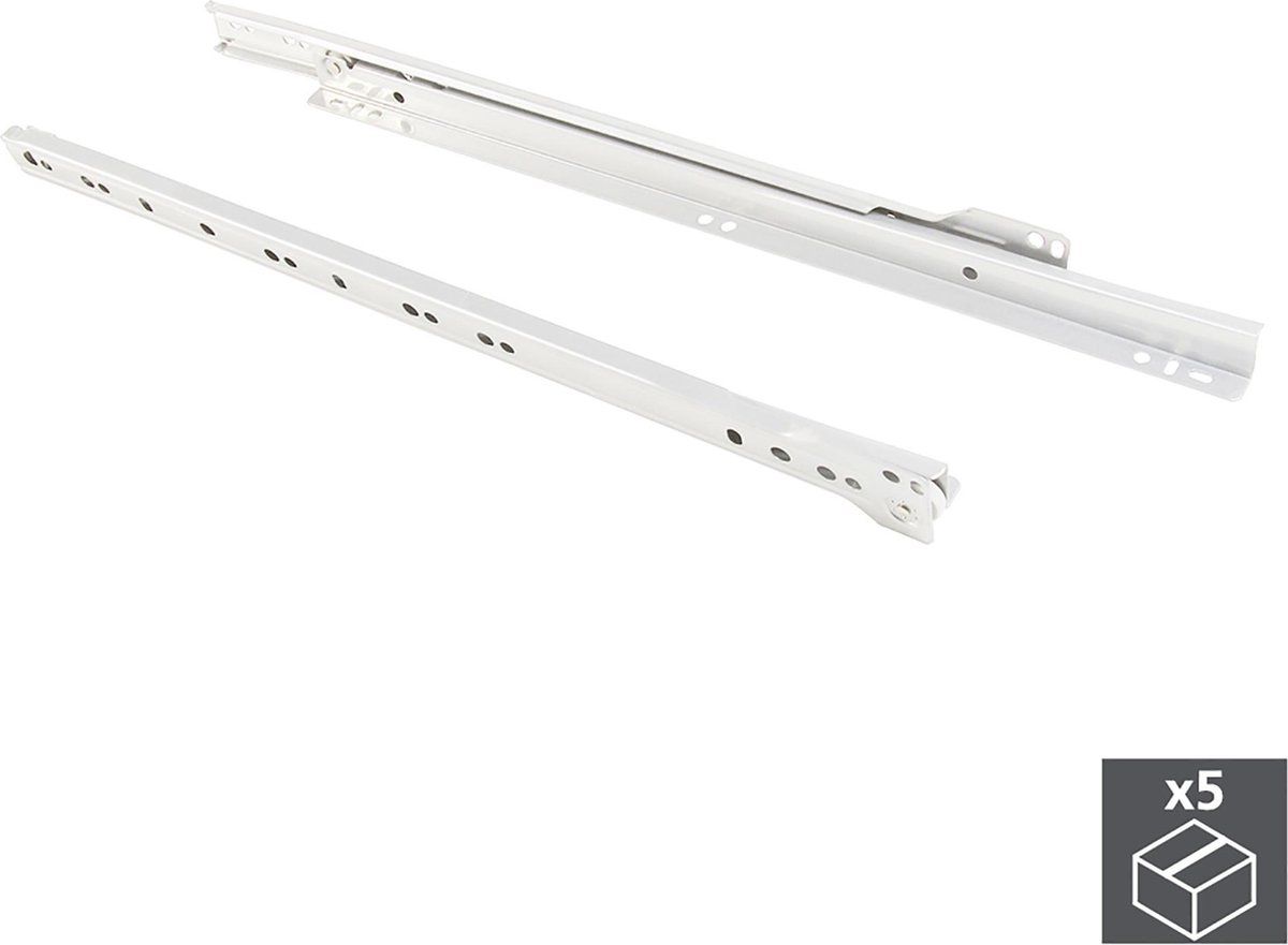 Emuca Set ladegeleiders met rolgeleiding, zelf sluitingsmechanisme, 800 mm, voor gedeeltelijke opening, Wit, 5 st.