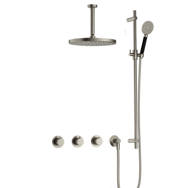 hotbath Cobber Inbouw Doucheset thermostatisch met 2 stopkranen met Ronde handdouche Plafondbuis 15cm Hoofddouche 30cm Rond en Glijstang Geborsteld Nikkel IBS70GN1257