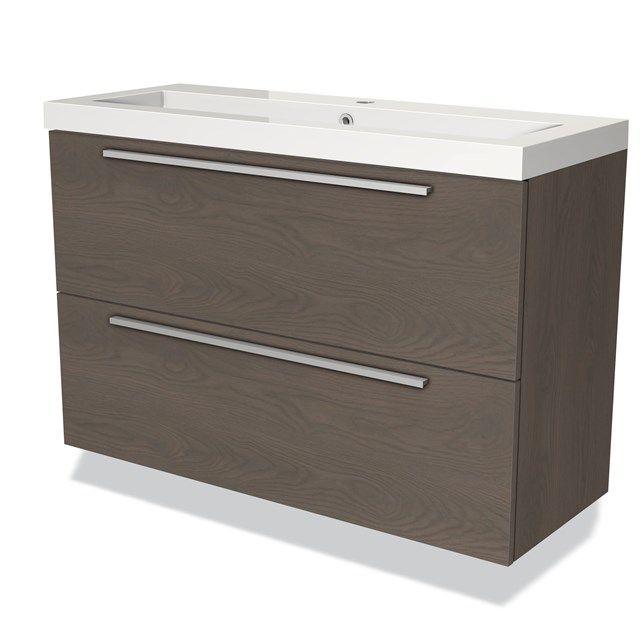 Maxaro Badkamermeubel 100cm Modulo Slim Donkerbruin Eiken 2 Lades Vlak Wastafel Mineraalmarmer
