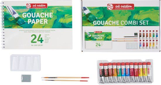 Talens Art Creation Gouache set 12 kleuren 12 ml tubes plakkaatverf met penselen, papier, potlood, kneedgum en mengschaal dekkende waterverf