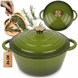 Hage - Kookpan - Gietijzeren Pot met Deksel - Geëmailleerd - Inductie & Oven Geschikt - 4 Liters - Ø24 cm - Olijfgroen