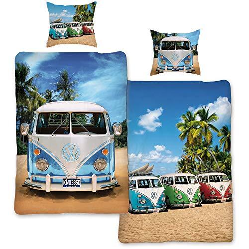 BERONAGE VW Volkswagen Bulli beddengoed Live Blue 135 cm x 200 cm + 80 cm x 80 cm VW-Bus T1 100% katoen in flanel kwaliteit Retro Camper Van 2 motieven omkeerbaar beddengoed ritssluiting 062