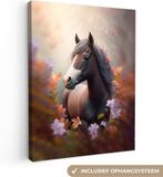 OneMillionCanvasses Canvas schilderij 120x160 cm - Paard - Bloemen - Paars - Muurdecoratie