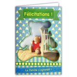 AFIE Gefeliciteerd kaart geboorte of adoptie baby jongen met pailletten en blauwe envelop, 12 x 17,5 cm, het gezin groeit uitsnijding perforatie in de vorm van een teddybeer van pluche, 66-1017-A
