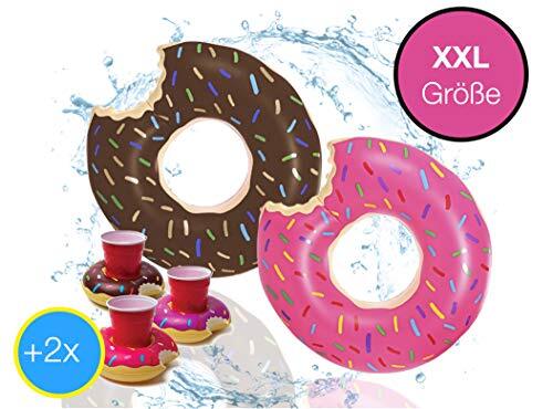 TK Gruppe Timo Klingler 2 x XXL opblaasbare Ø 120 cm donut bruin + roze donut zwemring luchtmatras zwemkussen met 1 x opblaasbare bekerhouder voor cocktails, dranken enz. (set van 2)