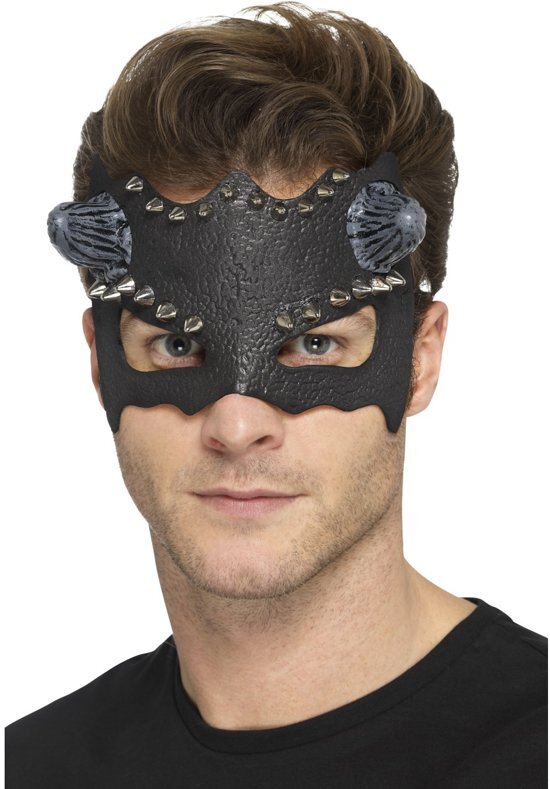 Smiffys Duivel masker met studs voor heren - Zwart oogmasker met hoorns