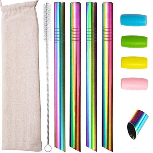 morneve Smoothie Boba Rietjes Dikke Herbruikbare Metalen Rietjes Hoekige Tips Vet Brede Milkshake Jumbo Bubble Thee Roestvrij Staal Stro Met Reistas Draagtas Siliconen Tips Cleaner Borstel 12mm 0,5\" 4 Pack