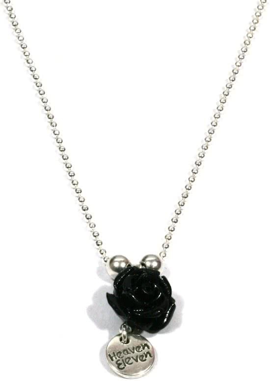 Heaven Eleven - dames ketting - Ibiza - Edelstaal rvs ballchain met een Zwart koraal roosje -74cm