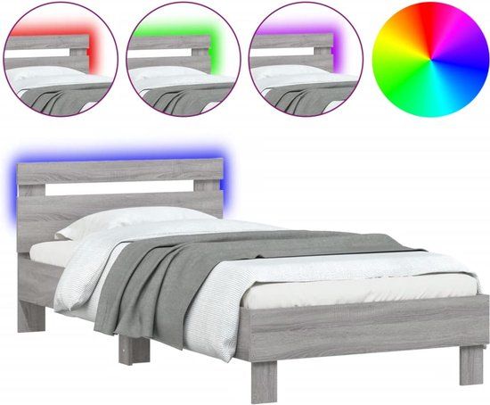 vidaXL Bedframe met hoofdbord en LED grijs sonoma eikenkleur 90x190 cm