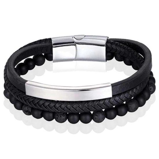 Memphis Heren armband Memphis Agaat kraal gevlochten leer Zilverkleurig Zwart - 21cm