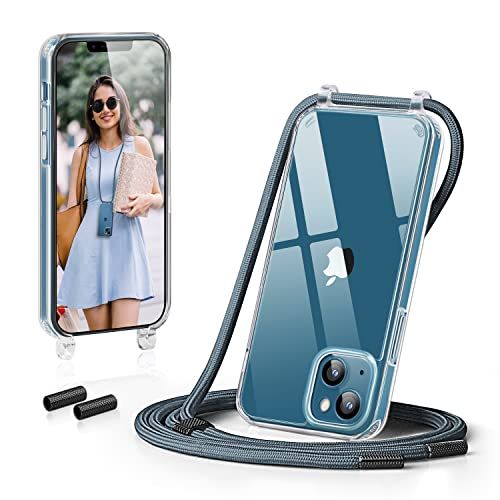 GOODVISH Doorzichtige Hoesje met Kettingkoord voor iPhone 13 6,1 inch, Schokbestendig TPU Sleutelkoordhoesjes met Verstelbaar Draagkoord, Crossbody Volledige Beschermhoes voor iPhone XIII, Blauw