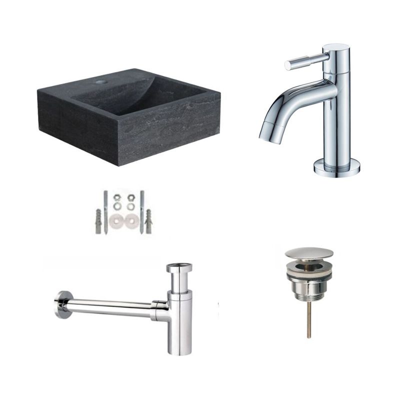 Badkamerplanet Natuursteen Fonteinset Sovana 30x30x10 cm met Elba Fonteinkraan, Afvoer en Sifon Chroom