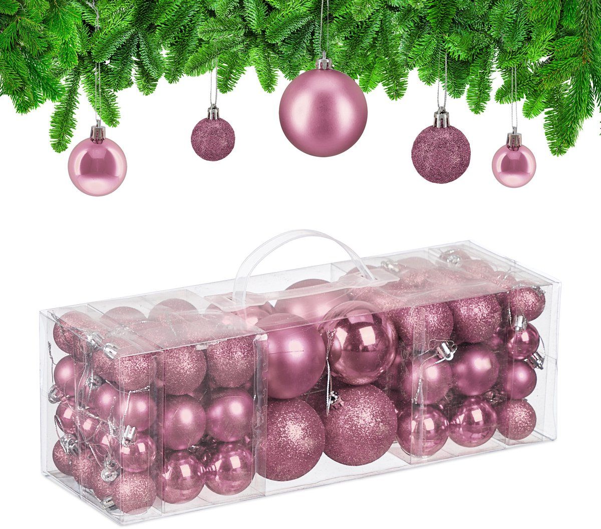 Relaxdays kerstballen set van 76, kunststof, glanzend en mat, 3 maten, onbreekbaar, wit