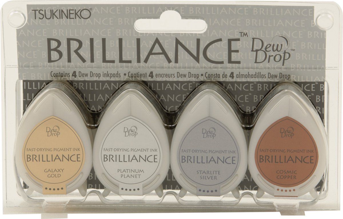 Tsukineko Brilliance Drew Drop stempelkussen set Planetarium - Galaxy gold, Starlite silver, Platinum Planet, Cosmic Copper