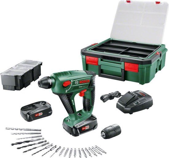 Bosch Uneo Maxx Accuboorhamer - Met 2 accu's, oplader, 19 boren/schroeven en kunststof koffer