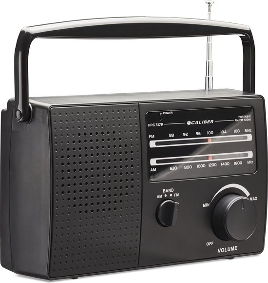 Caliber draagbare radio - batterijen of netsnoer - am/fm-radio met handvat en koptelefoonaansluiting - zwart (hpg317r-b)
