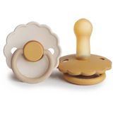 FRIGG Daisy Latex Fopspeen 2-Pack | Natuurrubberen Fopspeen | BPA-vrij | Gemaakt in Denemarken | Symmetrische Kersvormige Tepel | (Chamomile/Honey Gold, Maat 2 (6-18 Maanden))