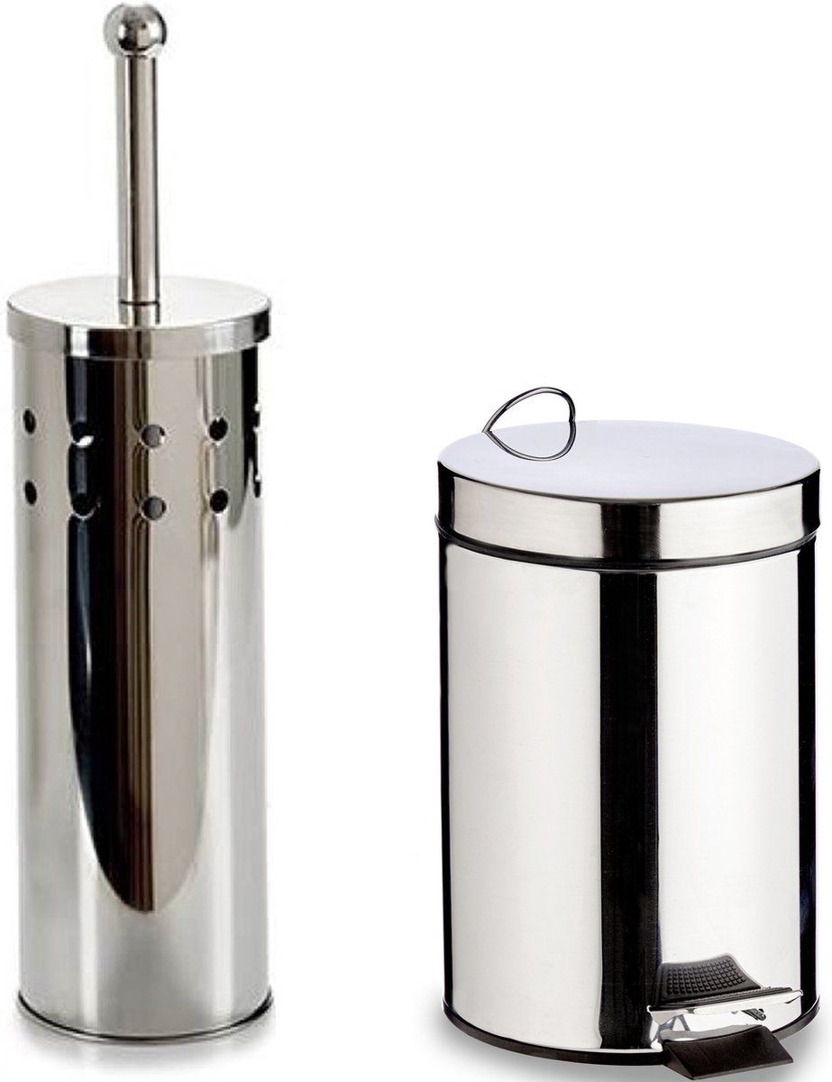 Berilo - Toiletborstelhouder met pedaalemmer 5 liter - Zilver