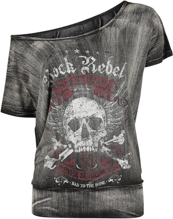 Rock Rebel by EMP Donkergrijs T-shirt met wijde hals en doodshoofdprint - Dames - 5XL