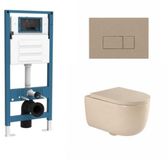 QeramiQ Dely Swirl Toiletset - inbouwreservoir Qeramiq Flush - 35mm zitting - kunststof taupe bedieningsplaat - rechthoekige knoppen - beige