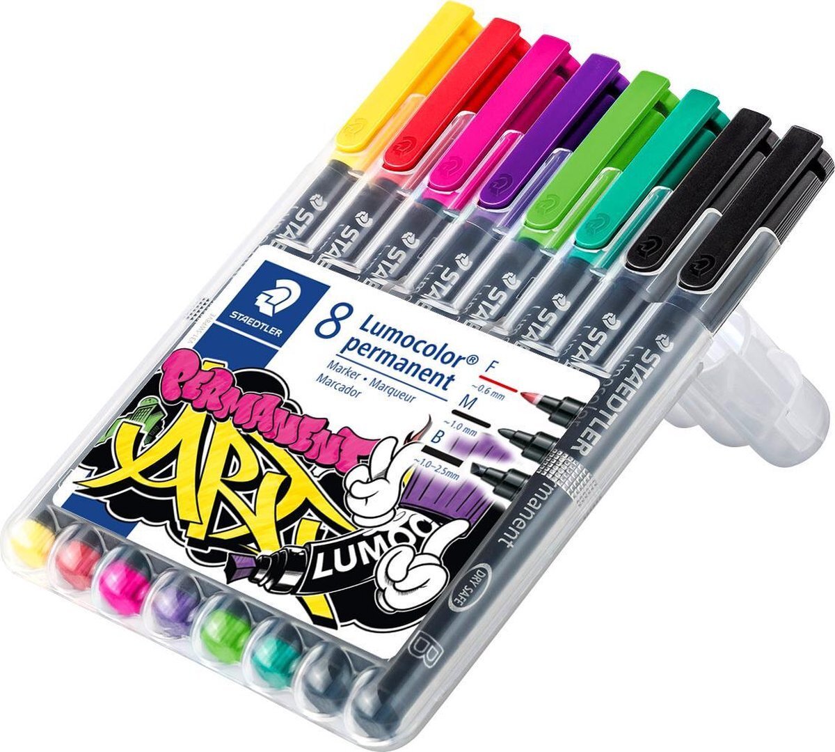 Staedtler 31-S WP8 Lumocolor permanente kunst markers, desktop box van 8 verschillende kleuren en diverse lijnbreedtes