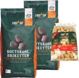 Fire-up BBQ starterspakket - houtskool briketten 10 kilo - barbecue aanmaak houtwolkrullen 60x