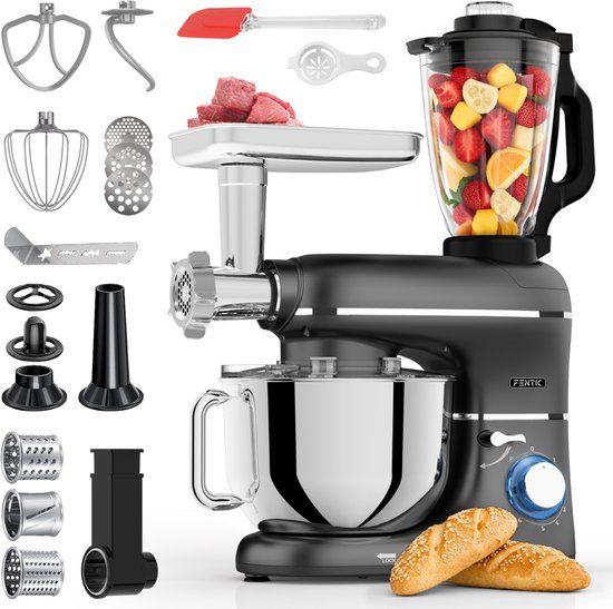 Fentic Keukenmachine - 2000W - Keukenrobot - Foodprocessor - 6,2L Mengkom - Incl. Vleesmolen, Blender en extra Accessoires - Zwart