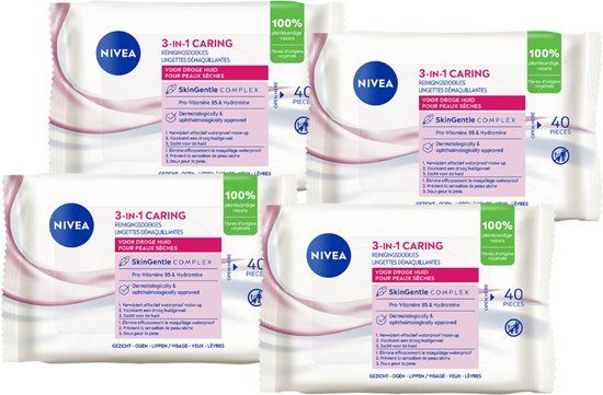 NIVEA Essentials Cleansing Wipes for Dry and Sensitive Skin - Make-Up Remover - Value Pack - 4x 40 pieces