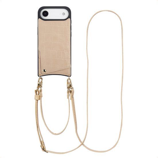 Selencia Hoesje - Geschikt voor Apple iPhone 17 Air - Croco Backcover met koord en pashouder - Beige