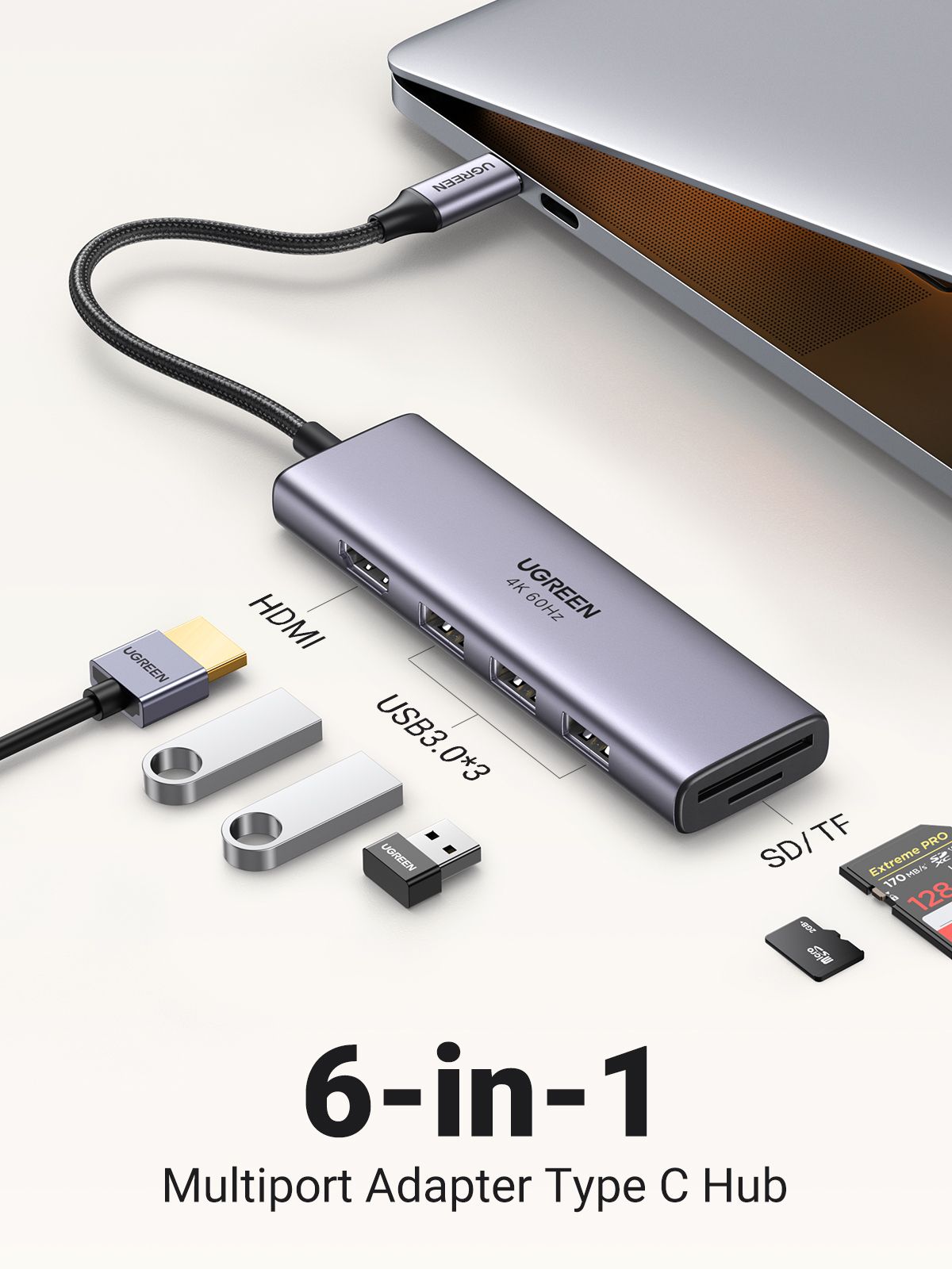 Ugreen CM511 6-in-1 USB-C Hub met 3x USB 3.0, HDMI 4K 60Hz, SD/TF Kaartlezer - Grijs