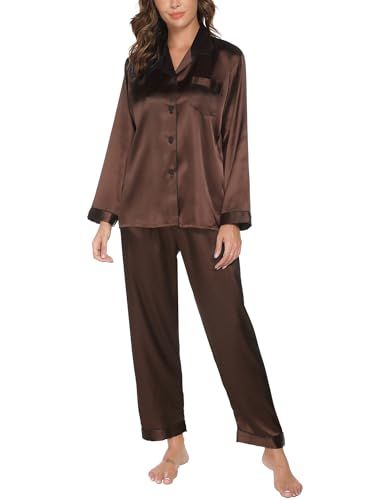 Reliwel Dames Satijnen Pyjama Knoopsgat Lange Mouwen Tweedelig Lange V-hals Comfortabele Klassieke Nachtkleding Huiskleding Indoor Pyjama Pjs Bruin S