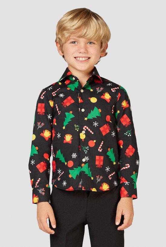 OppoSuits Christmas Icons Black - Kerst Overhemd Kids - Kerst Shirt Met Kerstbomen - Maat: 110/116