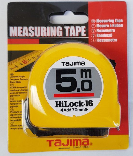 TAJIMA ROLBANDMAAT HI LOCK 5 MTR. 16 MM - Geel - Met blokkeerknop