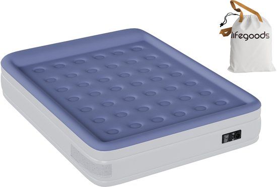 LifeGoods Luchtbed - 2 Persoons - Luchtmatras met Ingebouwde Pomp en Kussen - Opblaasbed - Incl. Draagtas en Reparatiekit - 203x158x48cm - Wit/Blauw