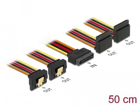 Delock Cable SATA 15 pin power plug with latching function > SATA 15 pin power receptacle 2 x down / 2 x up 50 cm