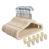 Finnhomy Antislip kleerhanger voor baby en kinderen, verpakking van 30 fluwelen hangers met 10 vingerclips, beige